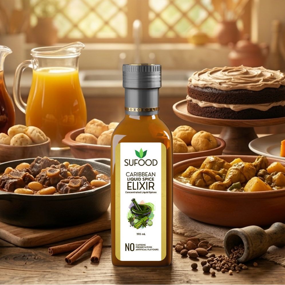 Bottle of Sufood Caribbean Liquid Spice Elixir surrounded by food items on a wooden table.